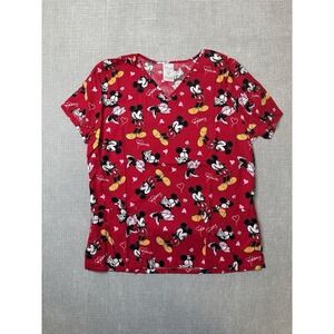 Disney Scrub Top Womens Medium Pink Mickey Minnie Medical Stretch V-Neck